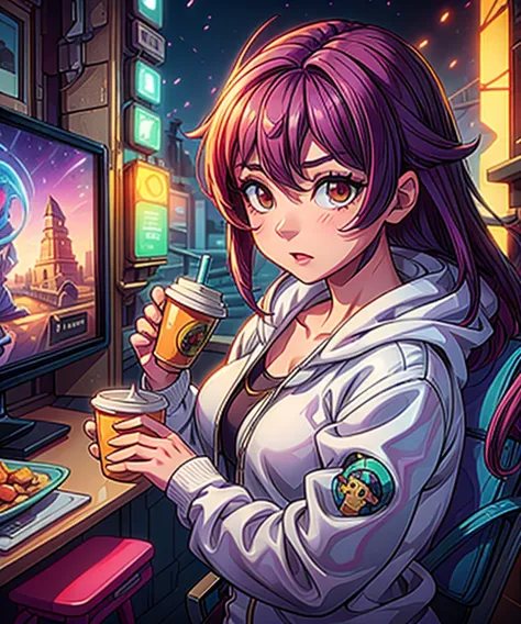 a woman in a yellow jacket holding a cup of coffee, extremely detailed artgerm, anime girl drinks energy drink, senna from leagu...