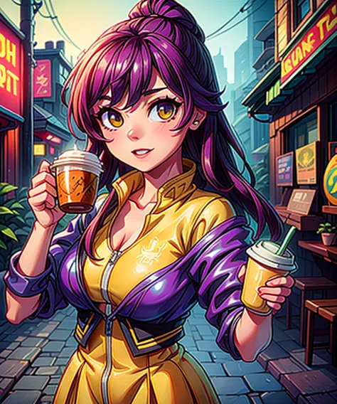 a woman in a yellow jacket holding a cup of coffee, extremely detailed artgerm, anime girl drinks energy drink, senna from leagu...