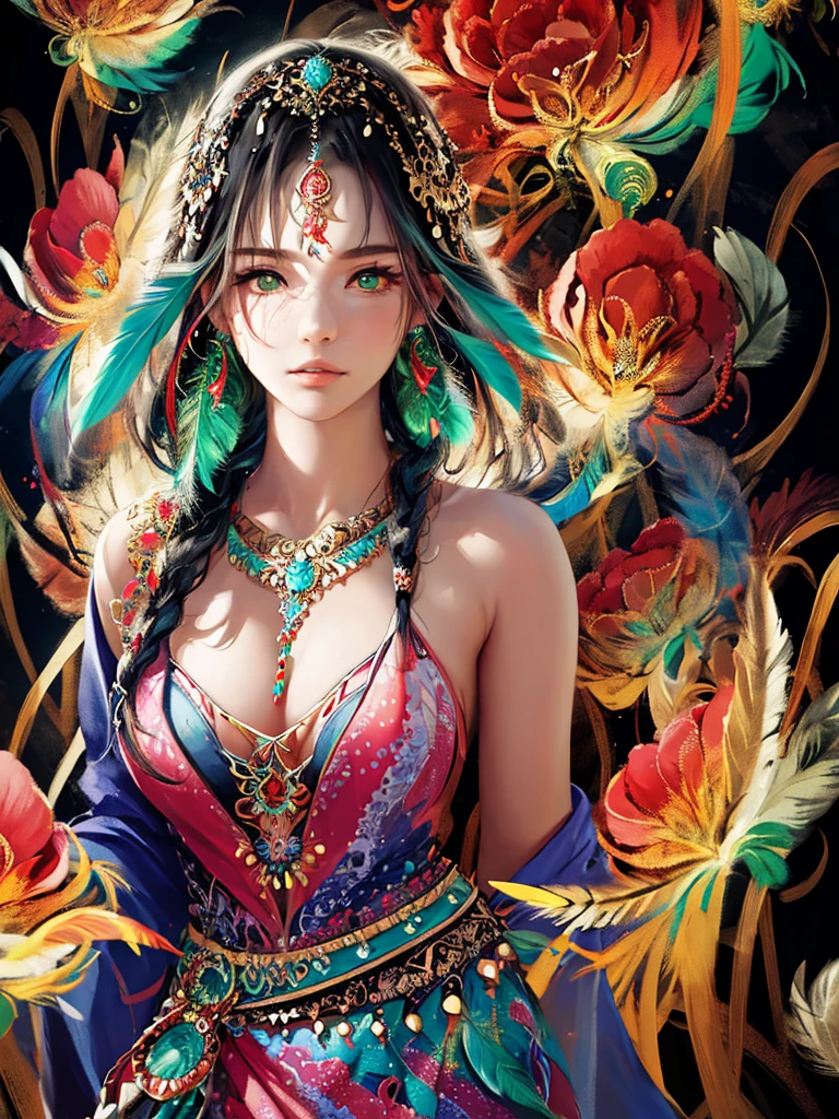 (masterpiece, top quality, Best quality, official art, beautiful and aesthetically pleasing:1.2), (1 girl, mature:1.3, got old:1.3), long hair, braid sidelocks, Extremely detailed,(fractal art:1.1),(colorful:1.4)(flowers:1.3),The most detailed,(zentangle:1.2), (dynamic pose), (abstract background:1.3), (shiny skin), (many colors:1.4),(earrings:1.4), (feathers:1.4), cowboy shot