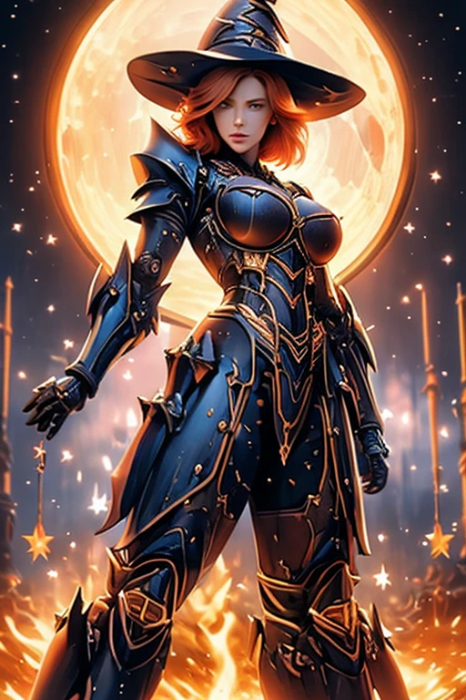 witch, redhead, short hair, big breasted, spell casting pose, power armor