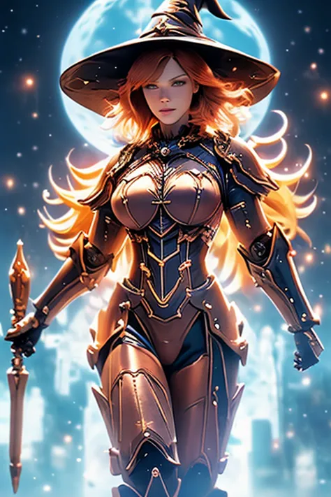 witch, redhead, short hair, big breasted, spell casting pose, power armor