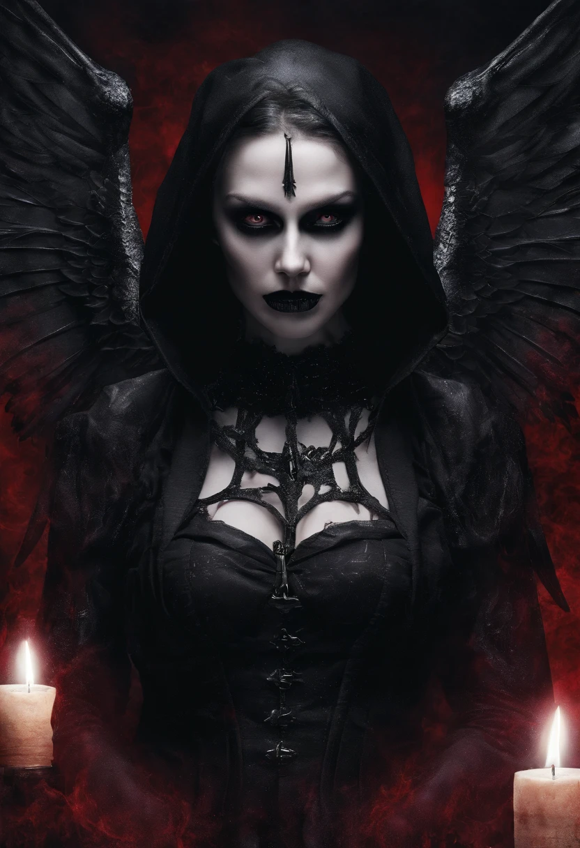 general full body shot: 1.5, (((night, darkness, beautiful winged woman dressed in black gothic style:1.7))) hood, opens her mouth showing her teeth with fangs:1., red and black back ground, optical, Panoramic lighting, atmospheric perspective, night, darkness, survey: 5D, Clear facial features, Vampire wings spread, impressive details, 8K Ultra-resolution, Stunning illustration, the best of all, Award-winning, how to be the best, ((red, black , purple colors: 1.5)), cemetery setting, magical, idyllic, epic: 1.5, photorealistic: 1.4, Skin texture: 1.4, super detailed and perfect, Masterpiece, super detailed, hyper detailed, well-defined lights and shadows , 32K