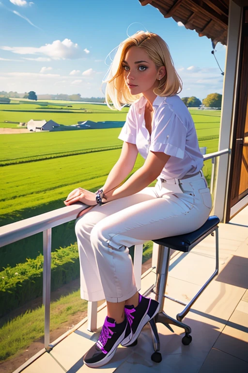 A girl with dark circles under her eyes and blond hair is wearing a white shirt, purple pants and black shoes. balcony of a house overlooking a field