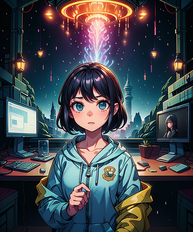 Technician dressed as a black-haired young woman with a serious expression, the background is a large scientific observatory with many large screens and staff