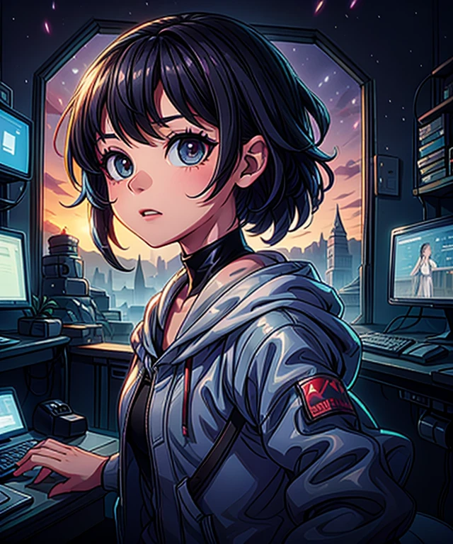 Technician dressed as a black-haired young woman with a serious expression, the background is a large scientific observatory with many large screens and staff