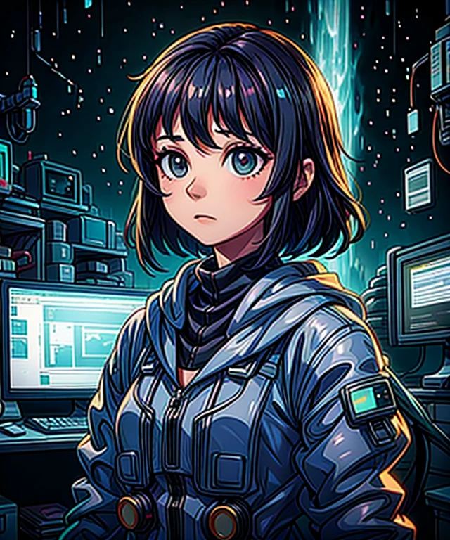 Technician dressed as a black-haired young woman with a serious expression, the background is a large scientific observatory with many large screens and staff