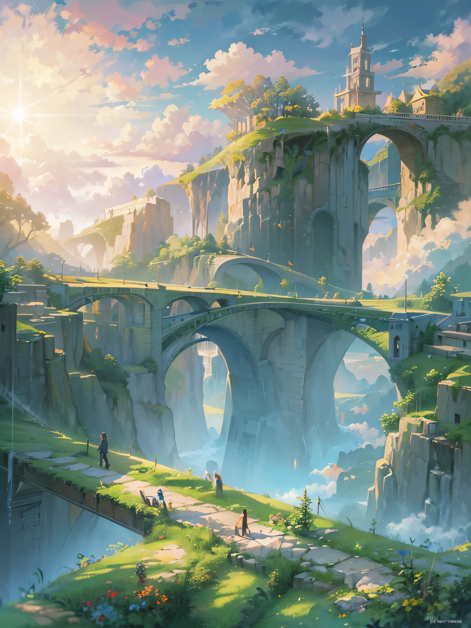 ((highest quality)),(Ultra-high resolution),(Very detailed),(Detailed Description),((The best CG)),(A masterpiece),Ultra-precise art,amazing drawing art,(Art with precise detail:1.5), Beyond the Sky,Bridge to the Sun, Blue wind,