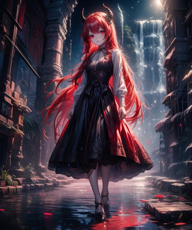 ((Masterpiece: 1.4, Best Quality))+,(Ultra Detail)+, Official Art, Unity 8k Wallpaper, Ultra Detailed, Beautiful, High Quality, Beautiful, Masterpiece, Best Quality, (Flat Chest), Full Body, Standing Painting, White Background, Red Straight Hair, Gloomy Eyes, Black Little Snake, White Theme, Red Jewelry, Studs, Black Lace Flats, Asymmetrical Skirt, Blood Stains on Skirt, Devil, Skeleton, Lots of Lace