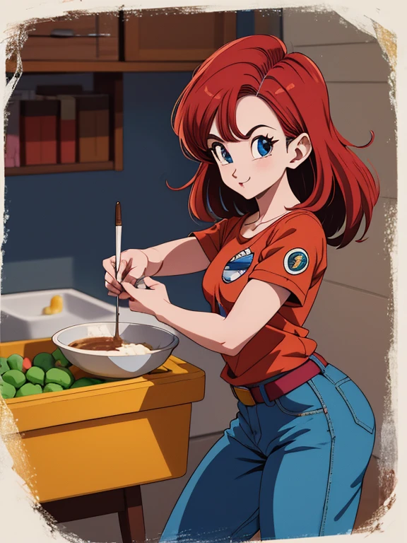 Masterpiece, Best Quality, High resolution, Dragon Ball, blmmid, aquamarine hair, medium hair, blunt bangs, red headband, medium breasts, shirt, Skirt, cowboy shot, inside, standing,