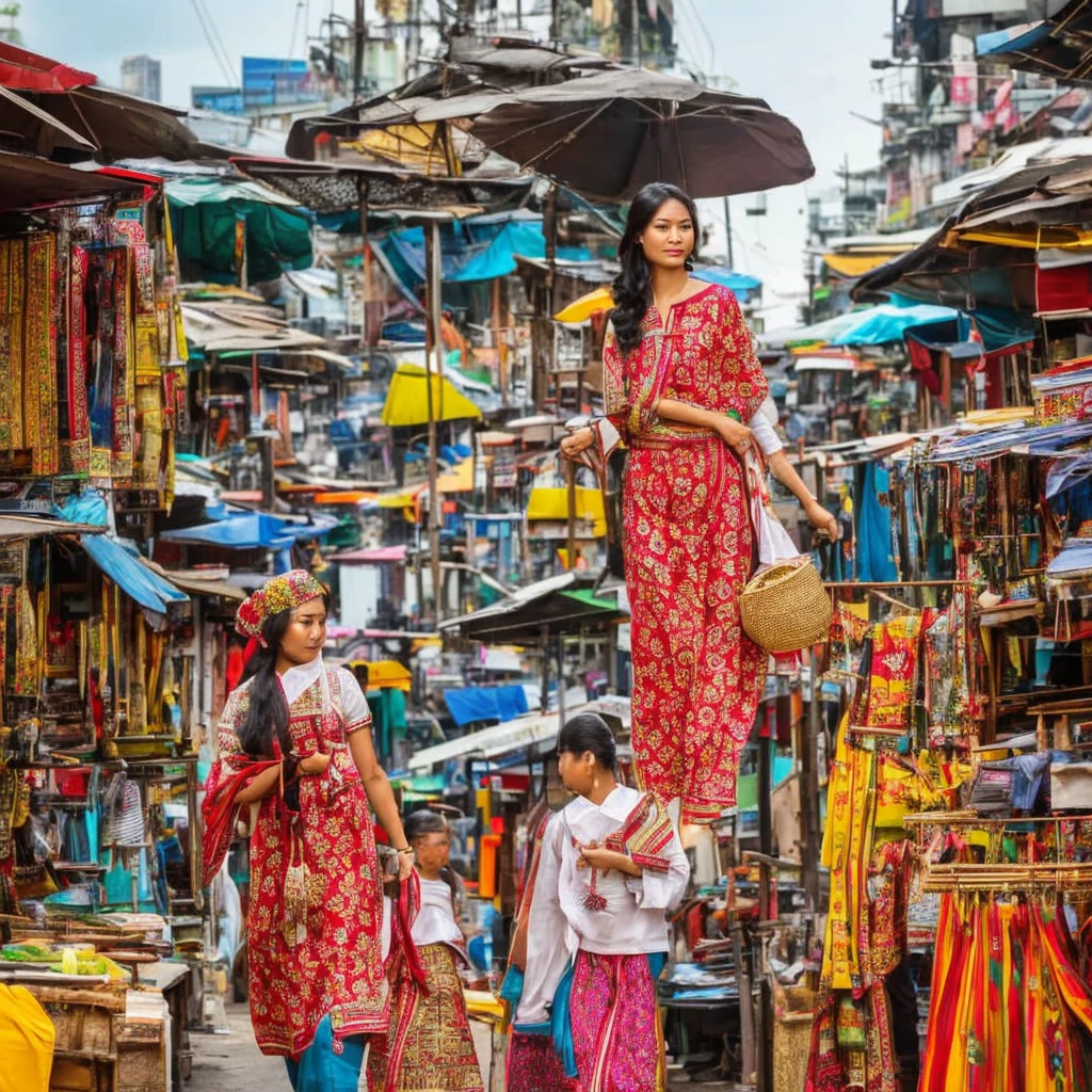 (best quality,ultra-detailed,highres:1.2),realistic(portraits),vivid colors,sharp focus,professional,studio lighting,physically-based rendering,bokeh, HDR,UHD A classy asian business woman strolling down the streets of bangkok, longnecked, snobby expression, wearing an elegant, traditional Asian themed outfit with intricate patterns and vibrant colors. Her waist-length black hair flows gracefully behind her. Onlookers can't help but stop and stare at her fashionable appearance, with admiration and curiosity in their eyes. She walks confidently, with an air of confidence and sophistication, each step exuding power and authority. The bustling streets of Bangkok become her stage as she moves gracefully, the sound of her clicking heels blending harmoniously with the city's vibrant energy. The sunlight gently kisses her skin, creating a soft, warm glow on her flawless complexion. The surrounding buildings and colorful market stalls create a lively backdrop, filled with unique details and textures. The scent of street food and the sound of chatter fill the air, adding to the atmosphere of the scene. The combination of modern city life and the elegance of tradition merges seamlessly, reflecting the dynamic spirit of Bangkok.