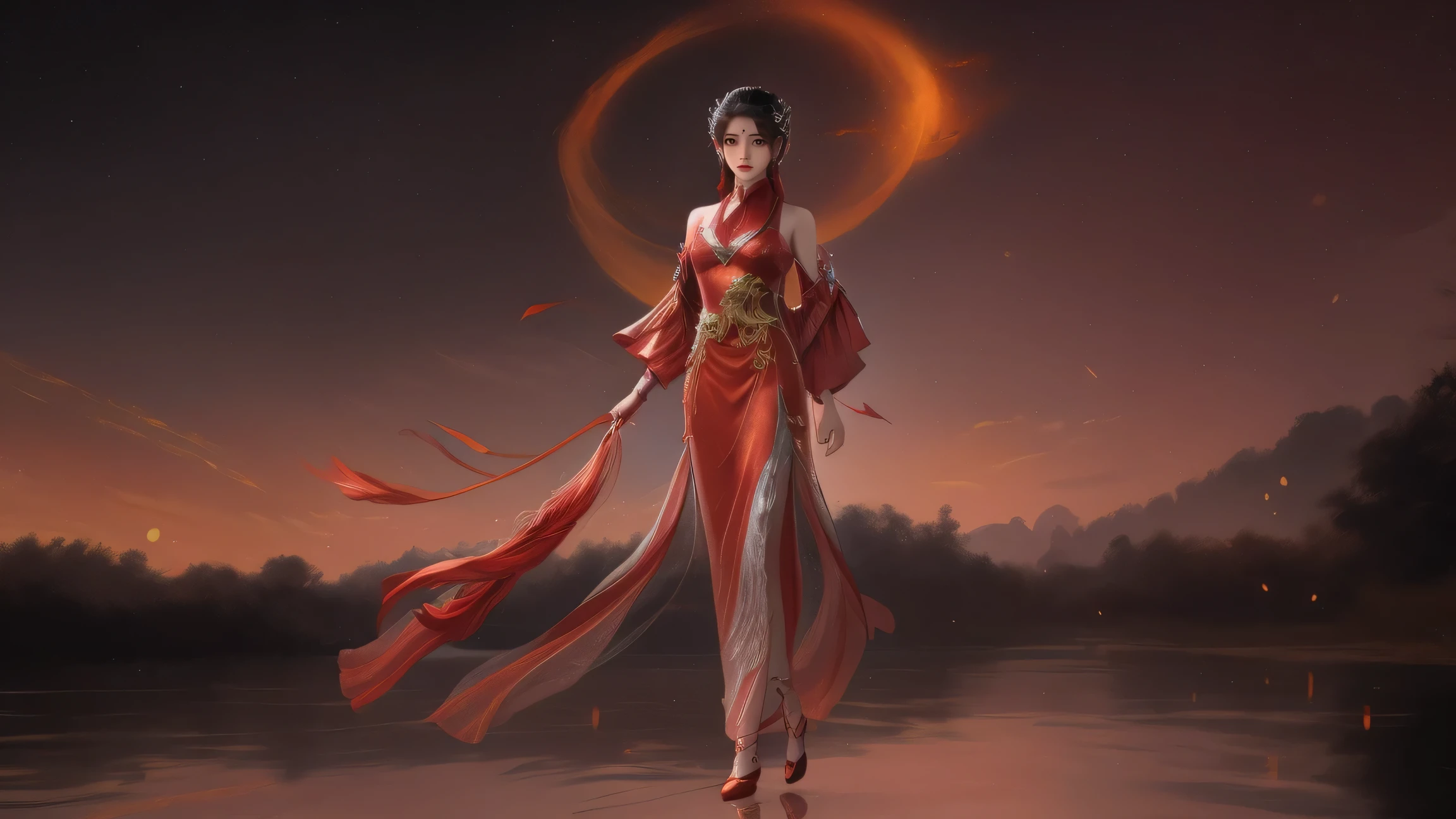 Uma mulher Arad com um vestido vermelho caminha no rio carregando uma lanterna, xianxia de corpo inteiro, inspirado no Parque Hua, por Yang J, inspirado em Lan Ying, artgerm extremamente detalhado, inspirado em Du Qiong, inspirado em Ju Lian, Estilo de arte, ruan jia e artgerm, traje com tema lunar