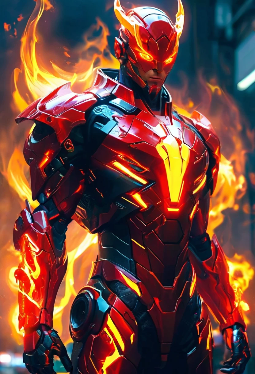 a man with glowing eyes and a red suit standing in front of a fire, incredible background, Human Torch, glowing red veins, radiant power, avatar image, glowing red veins, glowing and glowing veins, cyberpunk flame suit, 8 k very detailed ❤🔥 🔥 💀 🤖 🚀, glowing veins, dark supervillain, 1024px profile picture, fire demon