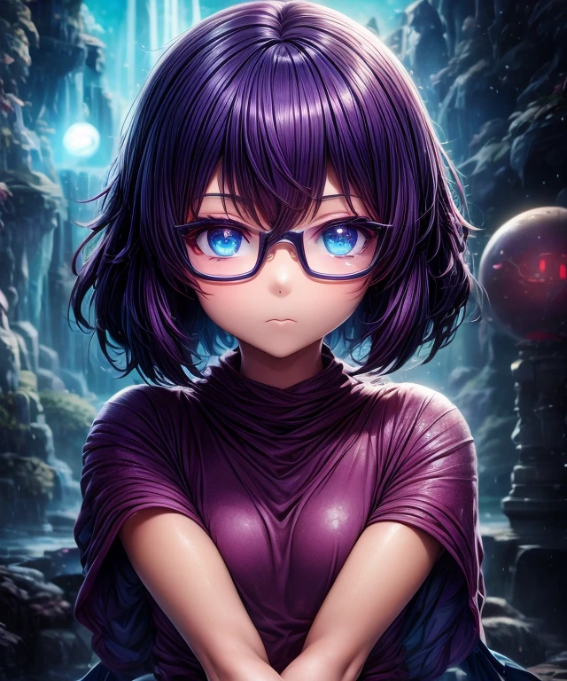 ((1girl)), anime, short dark hair, dark skin, shiny glasses lenses, mouth closed and expressionless, sitting, with her hands holding a glowing orb while two other glowing spheres orbit around her.