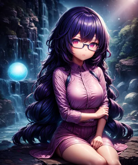 ((1girl)), anime, short dark hair, dark skin, shiny glasses lenses, mouth closed and expressionless, sitting, with her hands hol...