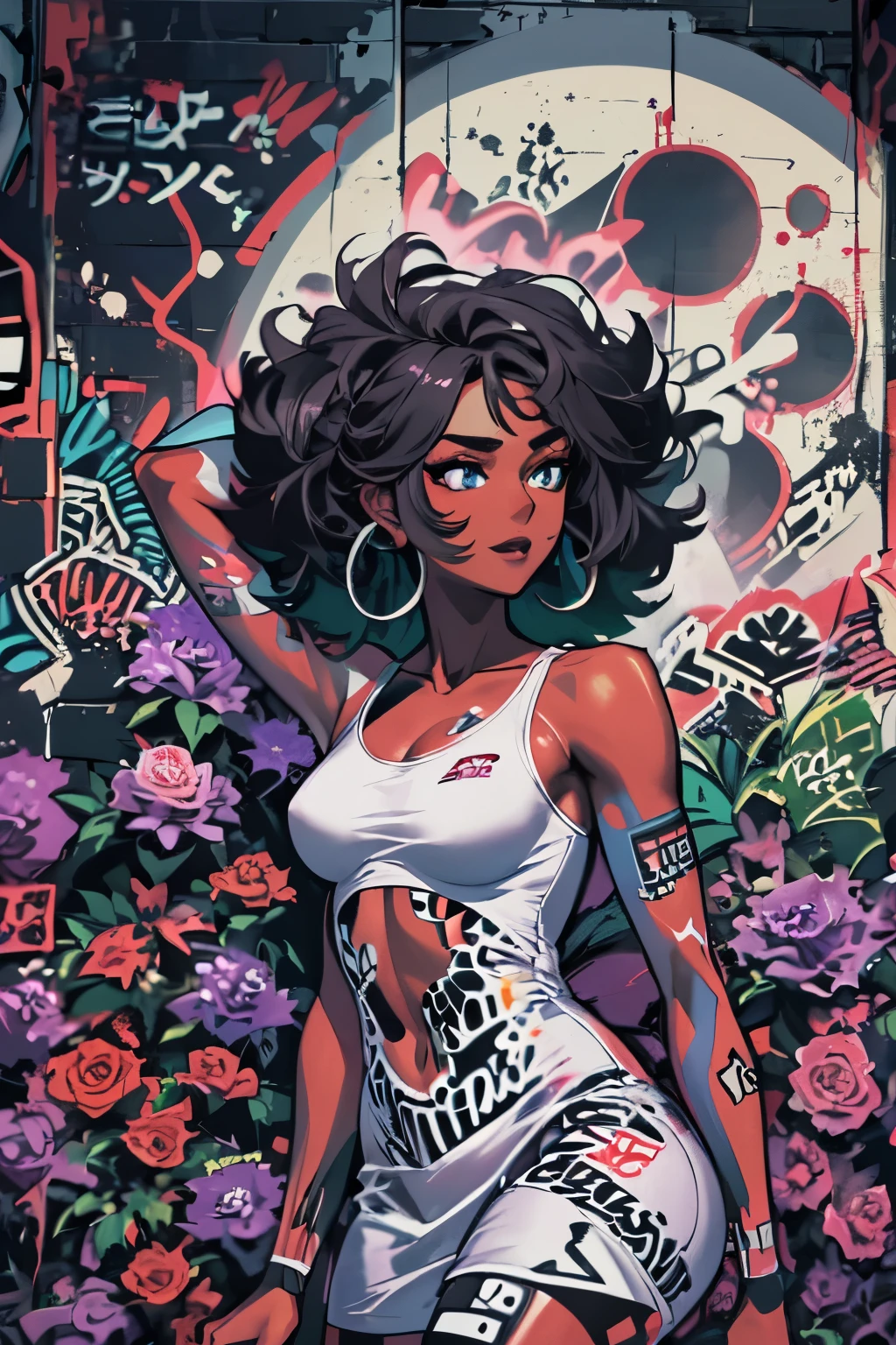 arte de la pared de graffiti, arte callejero, pintura en aerosol, hermosa princesa vampiro africana de aspecto sobrenatural de pie en un jardín de una mansión oscura, rodeado y cuidado por rosas negras y flores silvestres, alcanzando una luna plateada, tormenta de rosas negras, sonrisa con colmillos, iris platinados, esclerótica negra, cabello de múltiples tonos negros y diamantes, 21 años, hermoso físico con forma de triángulo, pecho firme, caderas con curvas, voluptuoso, Afrocéntrico-fantasía, medianoche, 🌙, estrellas fugaces, Crop top blanco y negro con minifalda blanca con tirantes, Medias hasta el muslo, [botas de tobillo, y pulseras a juego. ((aviso perfecto, moda perfecta. hyper-detailed graffiti arte callejero (medio), estilo manga, calidad asombrosa, sombra profunda, absurdos increíblemente agudos, gradientes increíblemente nítidos, reflejos profundos, increíblemente estético, batalla,efectos contradictorios, cuerpos perfectos, Manos perfectas, caras perfectas, Ojos perfectos, cuerpo de tamaño natural completo, ritmo rápido, desenfoque de movimiento, líneas de movimiento, marco de impacto, tonos salvajes, rico sombreado atmosférico, intensos efectos de iluminación, escena de acción, Ángulo dinámico, Perspectiva dinámica, Línea de acción dinámica, paisaje dinámico, Iluminación atmosférica, Emocionante, poder divertido y desenfrenado, hiperfeminidad, aviso perfecto, ultra calidad