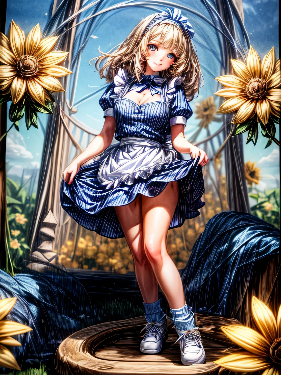 (masterpiece), (best quality), (extremely detailed), alice liddell, big messy blonde hair, blue dress, white apron, black hairband, white long socks, cleavage, cute pose, in a flower garden, (blue sky), (sunny day), 3d. Illustration, Good Highlights, Perfect Proportions, dynamic, Professional, Award winning, (high detailed skin), (high detailed face), HDR, ultra highres, absurdres, perfect body shape, cute smiling, realistic figure, sexy posing, perfect breast,