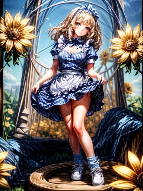 (masterpiece), (best quality), (extremely detailed), alice liddell, big messy blonde hair, blue dress, white apron, black hairband, white long socks, cleavage, cute pose, in a flower garden, (blue sky), (sunny day), 3d. Illustration, Good Highlights, Perfe...