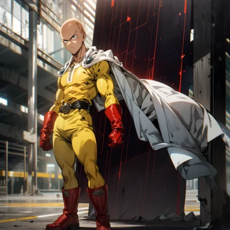 masterpiece, best quality, 1boy, (saitama), bald hair, black eyes, blue boot, red gloves, yellow clothes, white cape, standing, ...