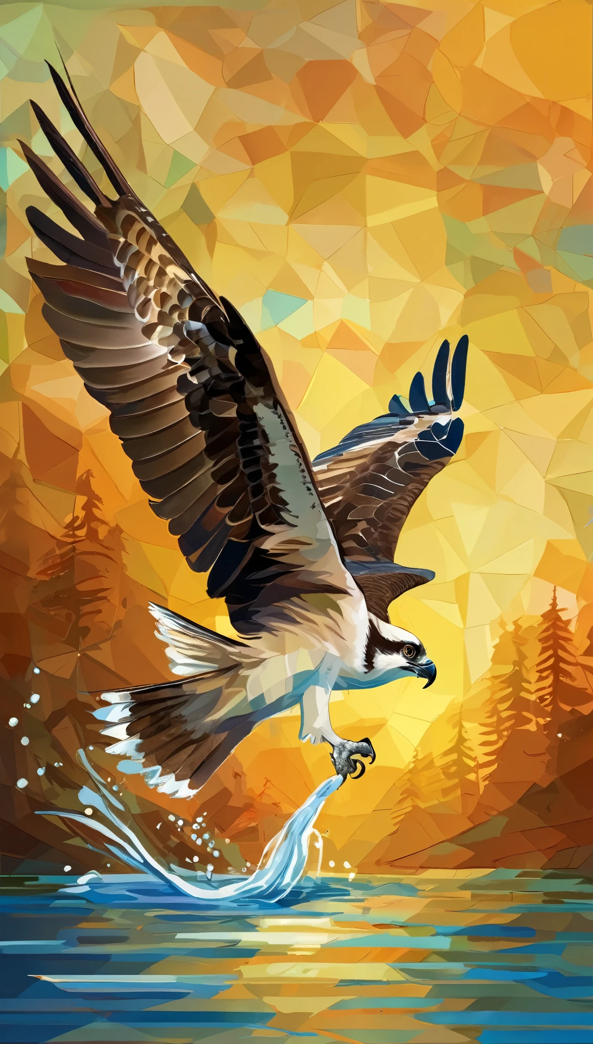 digital painting, bird, Osprey, diving in the water, hunting a fish, catches a fish, streamlined shape quilting down, 
