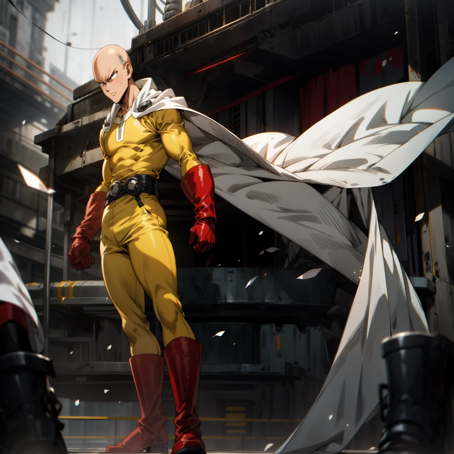 masterpiece, best quality, solo:2, 1boy, (saitama), bald hair, black eyes, blue boot, red gloves, yellow clothes, white cape, standing, bored, angry face, aura power, night, natural light,standing, angry eyes, serious, male focus, strong muscles, movie composition, deth of field, bokeh, (futuristic), (full body).