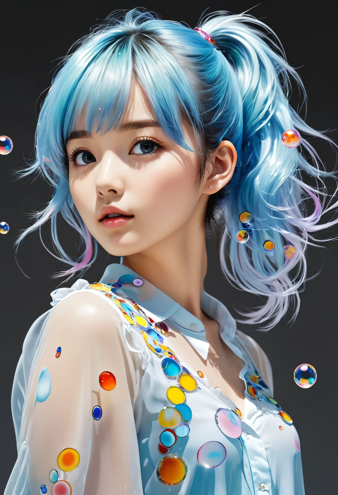 (masterpiece), (best quality), (Super detailed),(Messy hair),(illustration), (1 Girl), (Fashion Clothing), permanent, fashion model, Looking at the audience, (interview), (Simple background),Beautiful and delicate eyes, Delicate and beautiful face, floating,(High Saturation),(Colorful splash),Colorful bubbles,(shining), focus on face,  Ponytail, Kamisato Ayaka, light blue hair, Bangs, Hair ring, floating花朵, Floating hair, (shining), Optimal lighting, The best shadow,Millefiori glass style