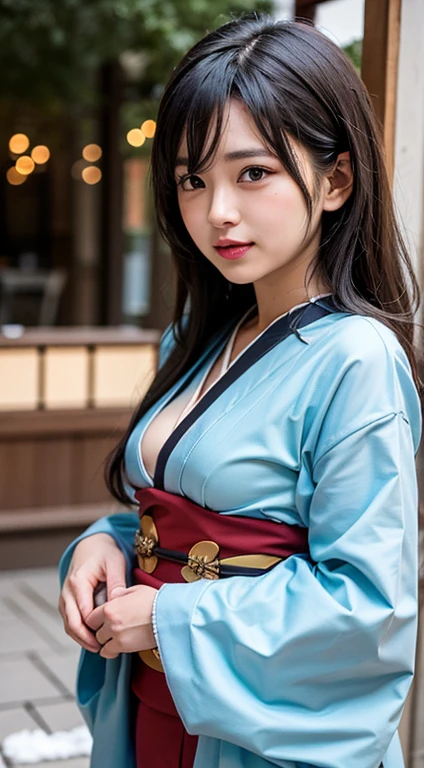 (masutepiece, Best Quality:1.4), Beautiful face, 8K, 85 mm, absurderes, (japanese kimono:1.4), The upper part of the body, cleavage of the breast、Facing the camera、 violaceaess, gardeniass, Delicate girl, Solo, knight, Looking at Viewer, Upper body, Film grain, chromatic abberation, Sharp Focus, face lights, Professional Lighting, Sophisticated, (Smile:0.4), cleavage, (Simple background, Bokeh background:1.2), Detail Face、Snow piled up、snowscape