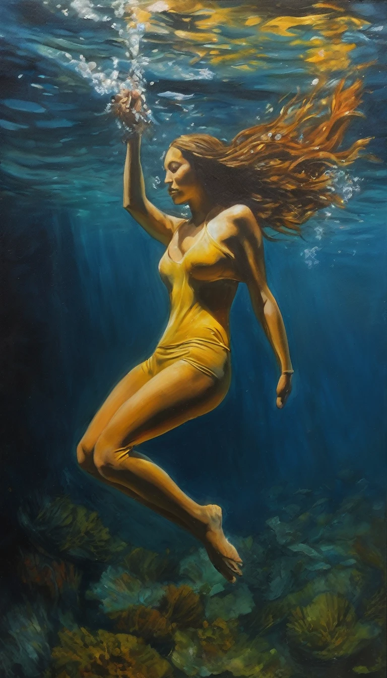 realistic oil painting, free diving, breath-hold diving, The Deepest Free Dive Records, diving down without scuba gear, deep under water, Herbert Nitsch, Tanya Streeter, dark aura of deep water, oned colors, dark colors, low light, Low-key lighting v1.0