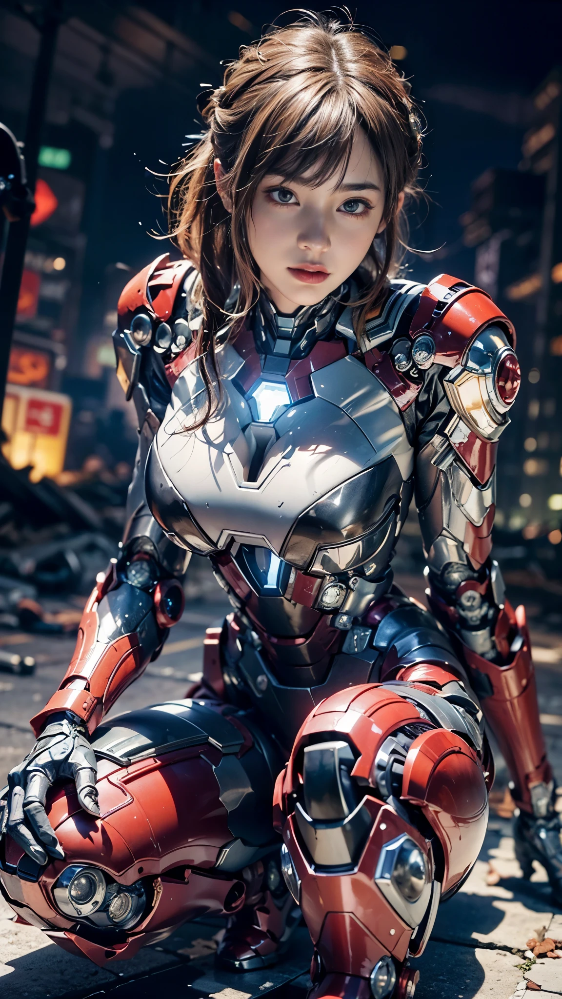 (Masterpiece, Best Quality, photorealestic:1.4), , (UHD, 8k wallpaper, High Resolution), japanese girl as a cyborg war mechine in a cyborg military with big heavy armor, hyper detailed bodywork, messy red hair, detailed beautiful face, huge breast, very tight musculature, sitting on crouch, dynamic sexy pose, sharp expression. Against the backgroind of a ruined New York City, dressed in intricate detailed red black cyborg military armor is like ironman armor, Oppressive atmosphere, postapocalypse, photon mapping