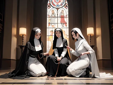 ((3 females)), A picture of 2 beautiful demon girls and a sexy nun, kneeling, on a leash, ((2 demon girls and a nun)), nun, demo...