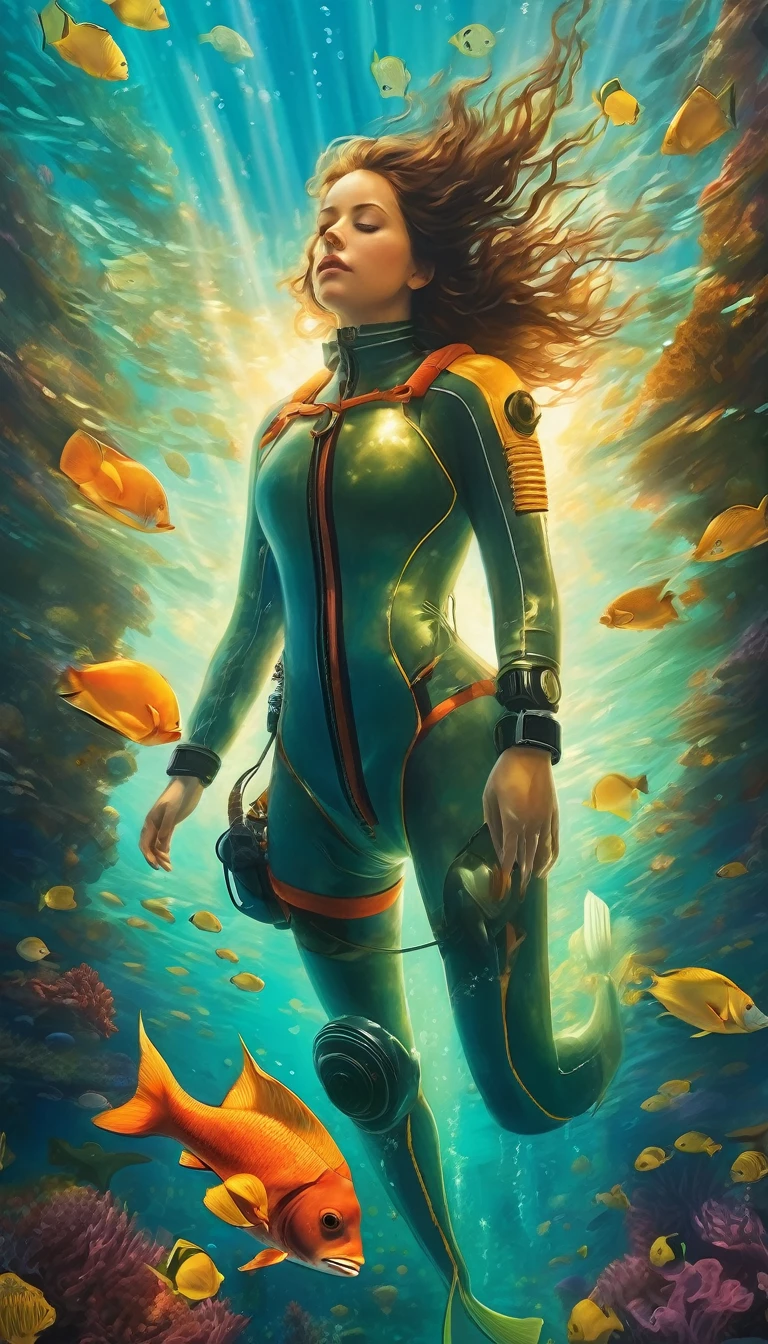 realistic oil painting, free diving, breath-hold diving, The Deepest Free Dive Records, diving down without scuba gear, deep under water, Herbert Nitsch, Tanya Streeter, dark aura of deep water, oned colors, dark colors, low light, Low-key lighting v1.0