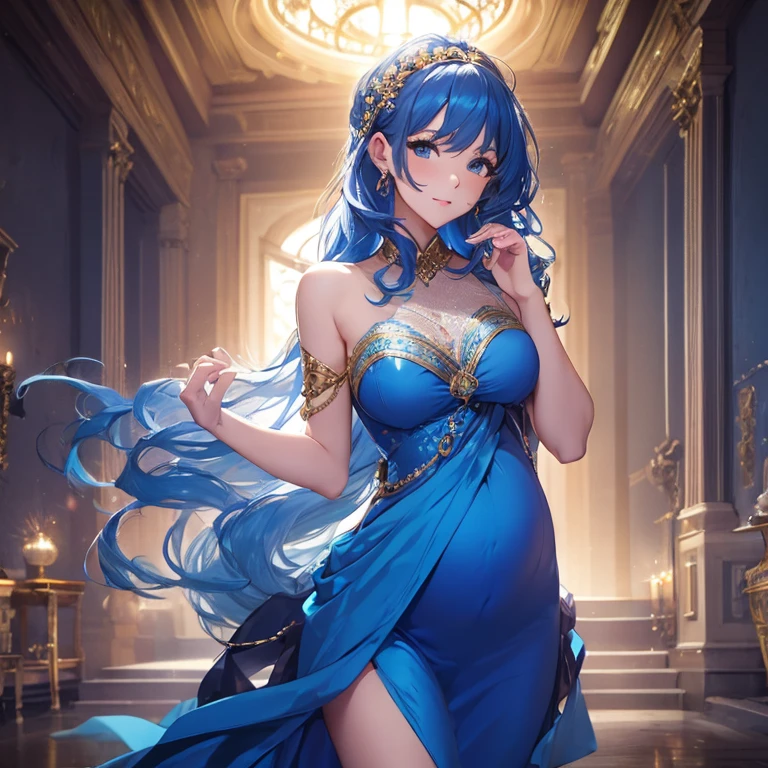 1woman, young, Pregnant goddess, mature, fancy blue dress, delicate beautiful face, dancing, wavy blue hair