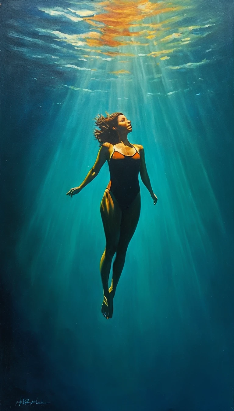 realistic oil painting, free diving, breath-hold diving, The Deepest Free Dive Records, diving down without scuba gear, deep under water, Herbert Nitsch, Tanya Streeter, dark aura of deep water, oned colors, dark colors, low light, Low-key lighting v1.0