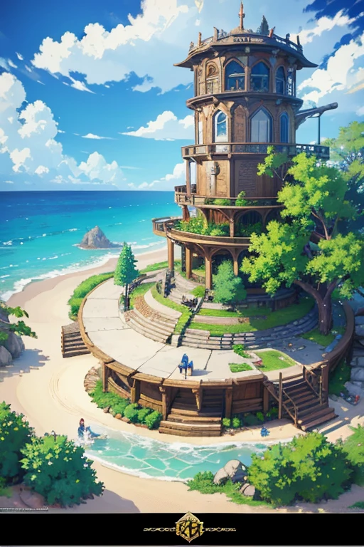 fantasy world, estilo isekai de anime, zona de comercio en la playa, estilo pixel art