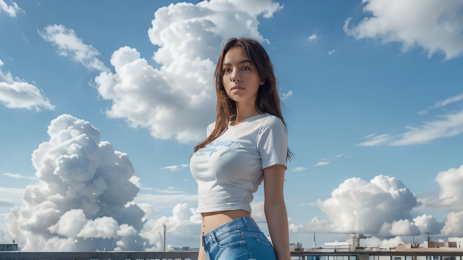 Arafed woman in jeans and a white shirt standing on a roof - SeaArt AI