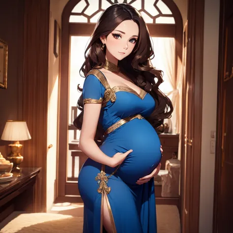 1woman, young, very pregnant goddess, mature, fancy blue dress, delicate beautiful face, wavy long brown hair, hair over one eye