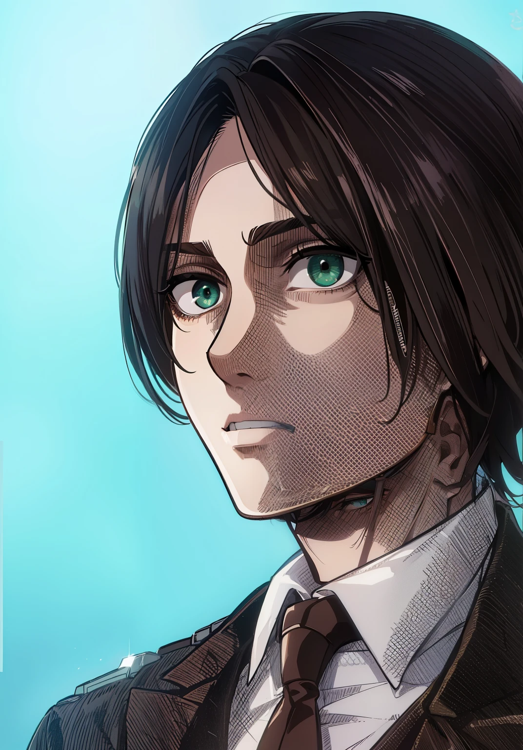 (high-quality, breathtaking),(expressive eyes, perfect face) 1male, male, solo, young adult, medium length black hair, curley hair, brown eyes, military uniform, survey corps attack on titan, shingeki no kyoji, black shirt, brown jacket, green eyes, gentle smile, gentle expression, long straight hairstyle, part of hair combed back, italian, korean hairstyle
