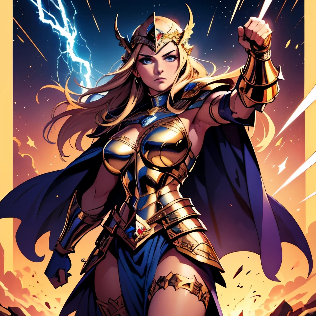 masterpiece, best quality, masterpiece, godlike quality, godlike art, highly detailed face, 1woman, digital illustration of Thundra, the Asgardian hero, standing confidently in her dark blue/purple armor with gold trim inspired by Jack Kirby's designs. blonde hair. Capture the essence of her power as she commands thunder and lightning, with her cape resembling a star field. Include the (((Norse helm with gold wings))) and showcase her right hand covered in a heavy armored glove. cosmic background. deep v neck. stern expression, (best quality), (masterpiece), realistic, sharp, 8k, (helmet), (purple armor), valkyrie, (full body), pretty face, (blue eyes), (((left hand glove))), (((Armored left hand))), bare right hand, star pattern, good hands, detailed hands. (((full helmet))), (((Helmet that covers the head with nose guard))), one leg raised, fist punching, holding a lightning bolt, shooting lightning from hand, (((dynamic pose)))
