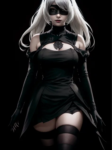 there is Nier: Automata's YoRHa No. 2 Type B , white hair, alluring expression, very bold, upper  visible, full body photo, stan...