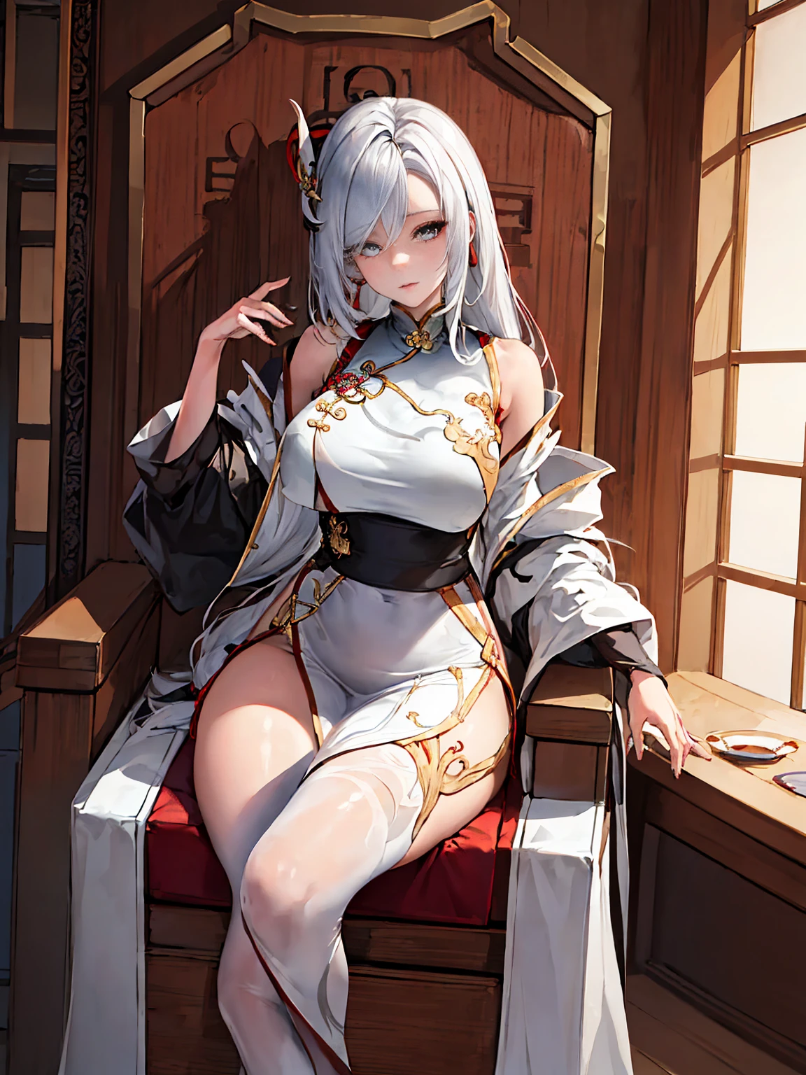 UHD, anatomically correct, super detail, award winning, masterpiece,tachi-e,sketch_style, (1 female has perfect body,white hair,wearing loose cheongsam,sitting on a chair,spreading legs,Left shoulder has a tattoo), solo,Chinese classical room,rosewood chair