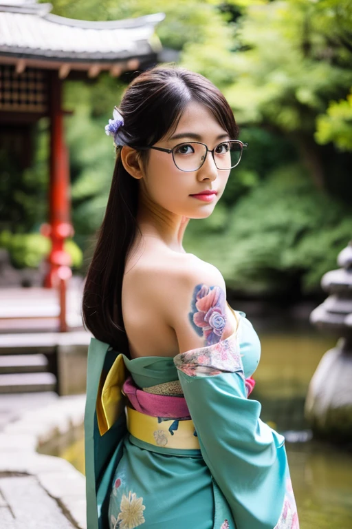 8k RAW photo, highest quality, masterpiece, Ultra-high resolution, 3D, Realistic, 1 girl, A cute and simple 15-year-old Japanese girl, 美しい黒hair,Beautiful details,  Beautiful Skin, i always wear glasses, Wear a clean and beautiful Japanese kimono, Flat Chest,Small breasts, moderately_hair, Tight waist, Slender body, Beautiful realistic Japanese garden gazebo with pond and wisteria trellis, It rains, No bra, Off the shoulder, Beautiful and elaborate Japanese tattoos on the entire back, Shooting from the back