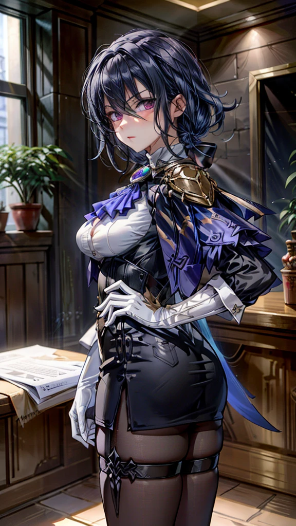 Perfect Lighting, extremely details CG, (Perfect hands, Perfect Anatomy),​masterpiece,1girl in, Clolinde \(GenshinImpact\),film like、Perfect Lighting、light and shadows、Beautie、Good ass、Purple eyes、 pantyhose, blue cape, White Gloves, pencil skirts, White shirt, Thigh strap, Underbust, ascot, Jacket, depth of fields, Glaring, put hands on the hip, Looking at Viewer, chies, Indoors