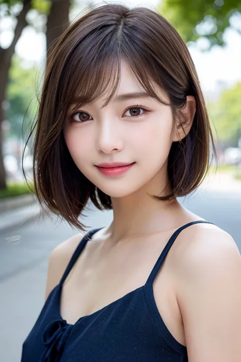 (((Definitely shoulder length, short, Straight Brown Bob)))、(((She has a summer park in the background、Posing like a model in a ...