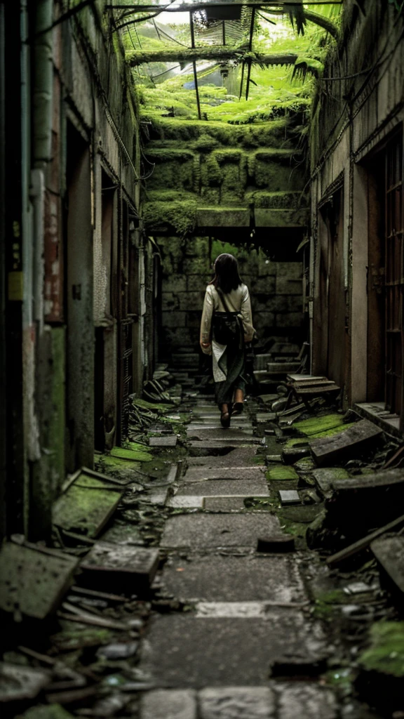 Showa,Underground street,moss,Collapse,Devastation,Inside the ruins,Glasses,Women,adventure,Black and White,