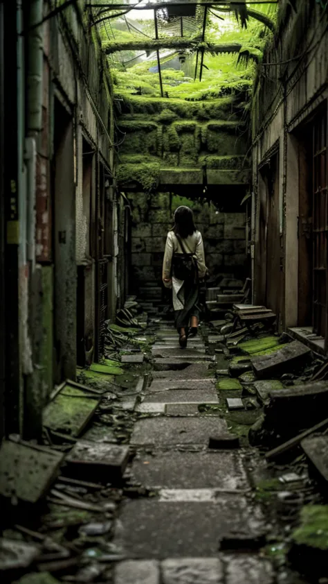 showa,underground street,moss,collapse,devastation,inside the ruins,glasses,women,adventure,black and white,