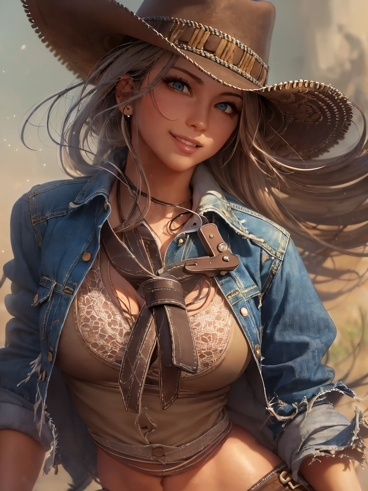 ((highest quality)),(Ultra-high resolution),(Very detailed),(Detailed Description),((The best CG)),(A masterpiece),Ultra-precise art,amazing drawing art,(Art with precise detail:1.5), (Female gunslinger:1.5),(Beautiful and well-proportioned face:1.6),(Toned body:1.7),(Denim Fashion:1.6),(Cleavage:1.6),(Fearless smile:1.6), ((Wild West:1.6)), Flying dust:1.6