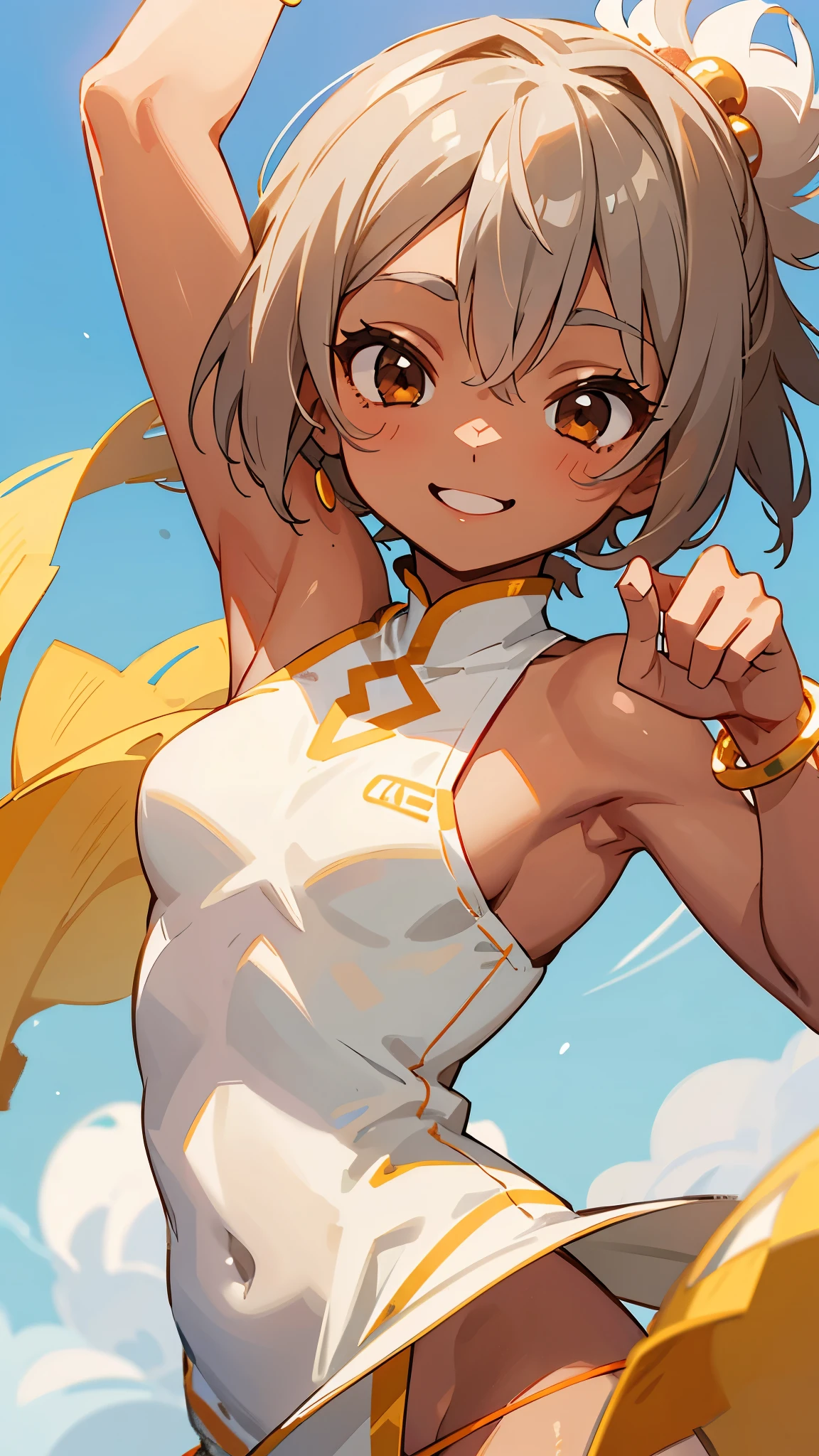 1 Girl、Shortcuts、Gray Hair、She is 、Brown Skin、Wearing a white bikini、Beautiful brown eyes、slender and muscular body、barefoot、Colorful Bracelets、Colorful anklets、明るくsmile、smile、Dance cheerfully、Upper body close-up