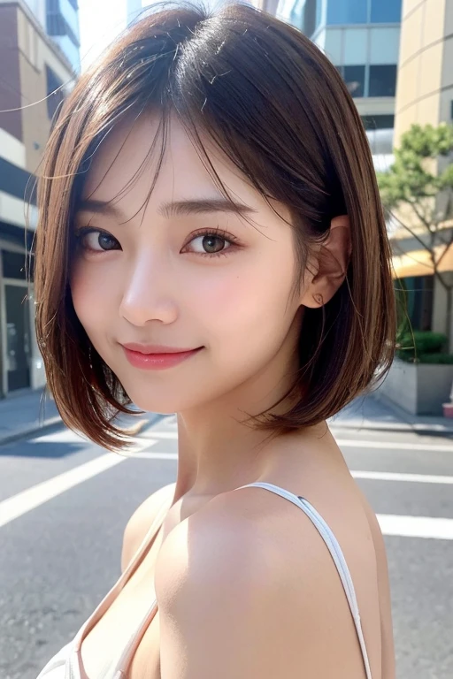 (((Definitely shoulder length, short, Straight Brown Bob)))、(((She has a summer park in the background、Posing like a model in a hair salon.)))、(((Random and cute street fashion)))、Face close-up、Half Japan, Half Korean、18-year-old girl、Independent、I&#39;m looking forward to、Light eye makeup、Brown Hair Color、Flat 、Hair blowing in the wind、Quality of actress、Shiny, Ultra-realistic faces、smile、Watery eye、look up、Subtle lighting effects、 Ultra-Realistic Capture、Very detailed、High resolution 16k human skin closeup。Skin texture must be natural、The detail must be such that the pores are clearly visible.、skin is healthy、Even Tone、Use natural light and color、High quality images taken by modeling agencies&#39;Exclusive photographer、smile
