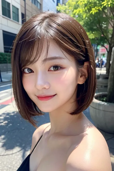 (((Definitely shoulder length, short, Straight Brown Bob)))、(((In her background is a summer park、Pose like a model at the beaut...