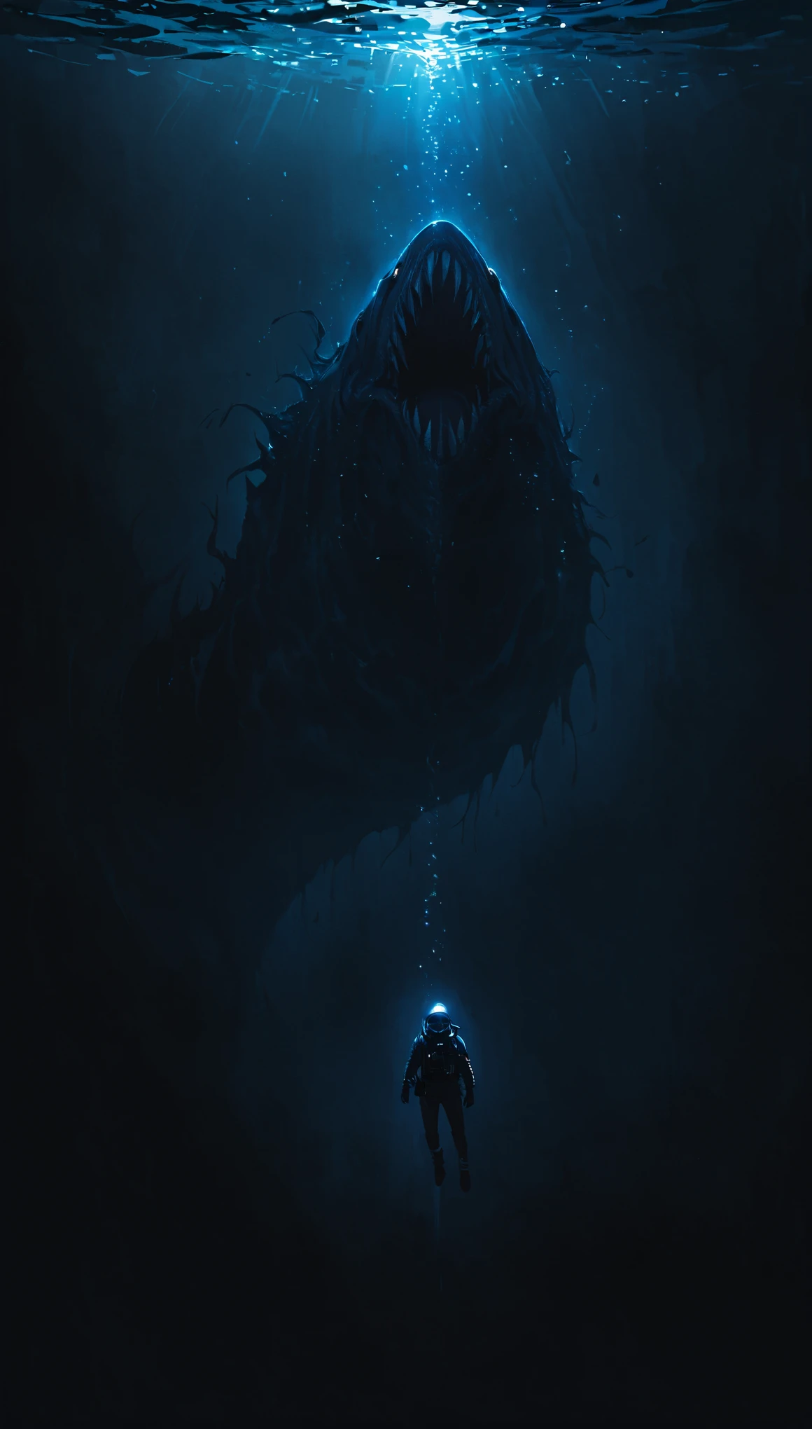 realistic oil painting, horror, free diving, breath-hold diving, The Deepest Free Dive Records, diving down without scuba gear, deep under water, huge face of sea monster in background behind diver, diver on first plan, monster on second plan, dark aura of deep water, toned colors, dark colors, low light, Low-key lighting v1.0