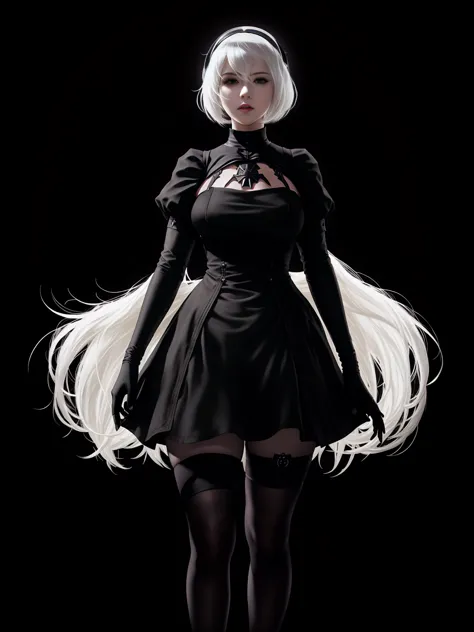 there is Nier: Automata's YoRHa No. 2 Type B , white hair, alluring expression, very bold, upper  visible, full body photo, stan...